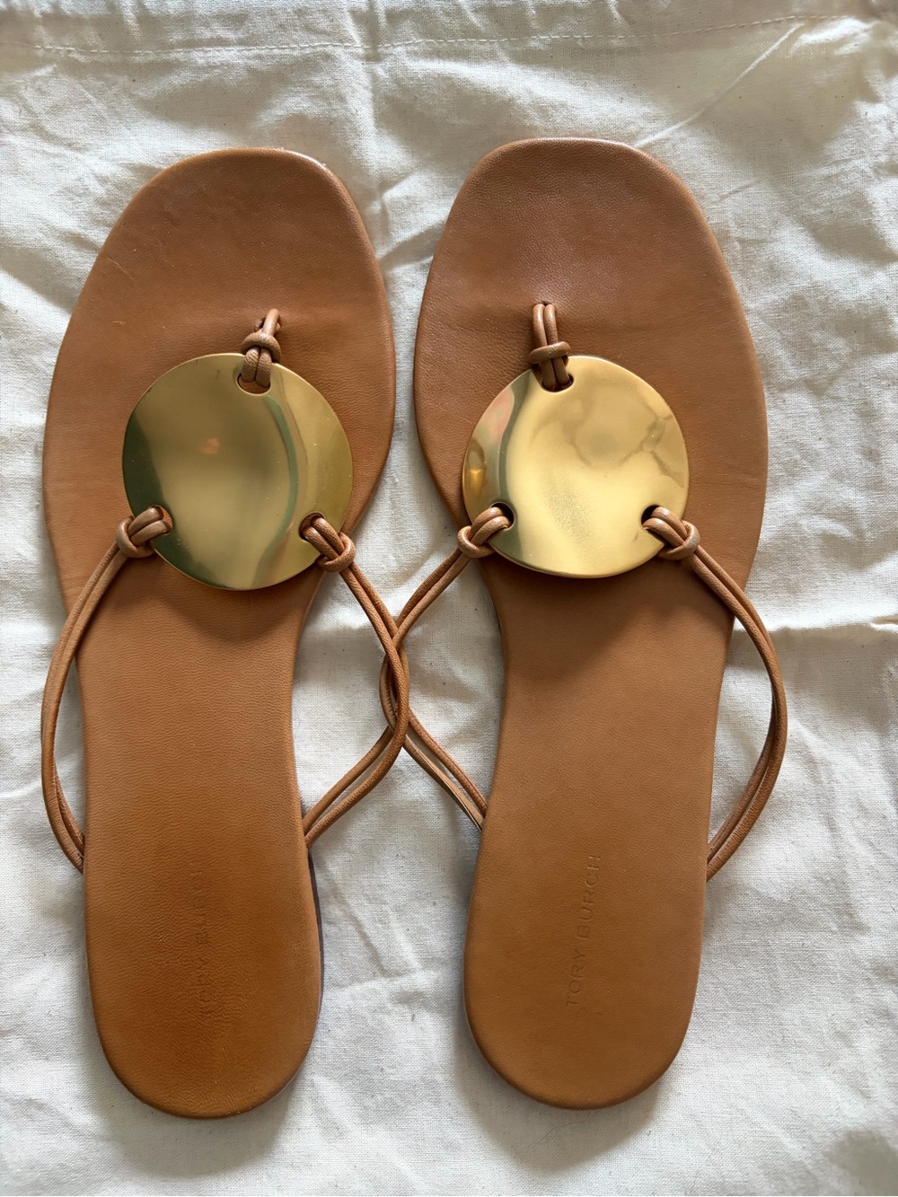 Tory Burch Tan Leather Slide Sandals with Gold Disc Accents